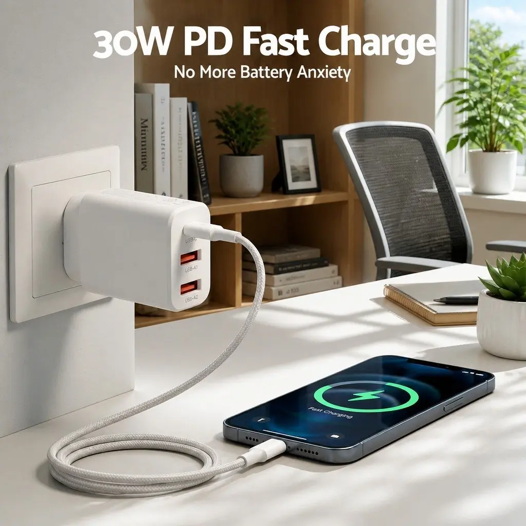 30W USB C Wall Charger 3 Port Fast Charging Adapter Compact Australian Plug White