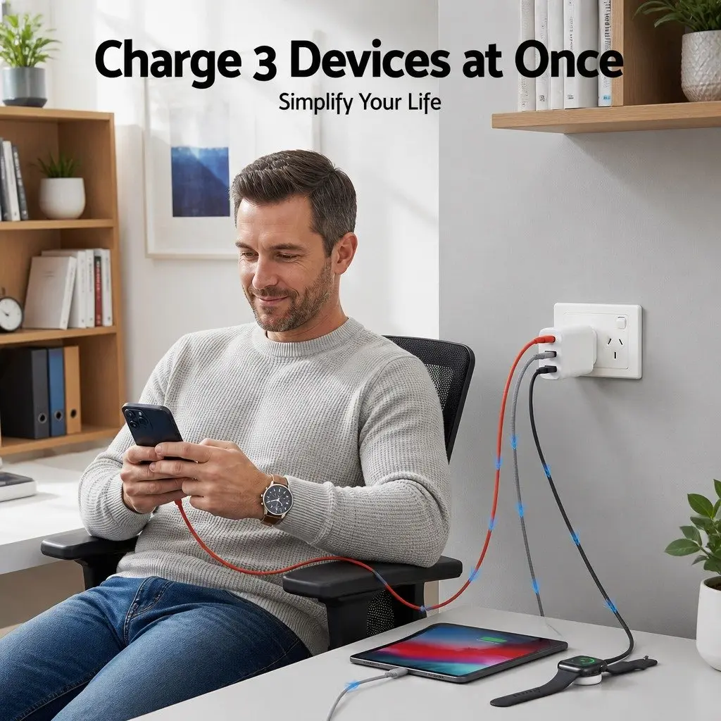 30W USB C Wall Charger 3 Port Fast Charging Adapter Compact Australian Plug White