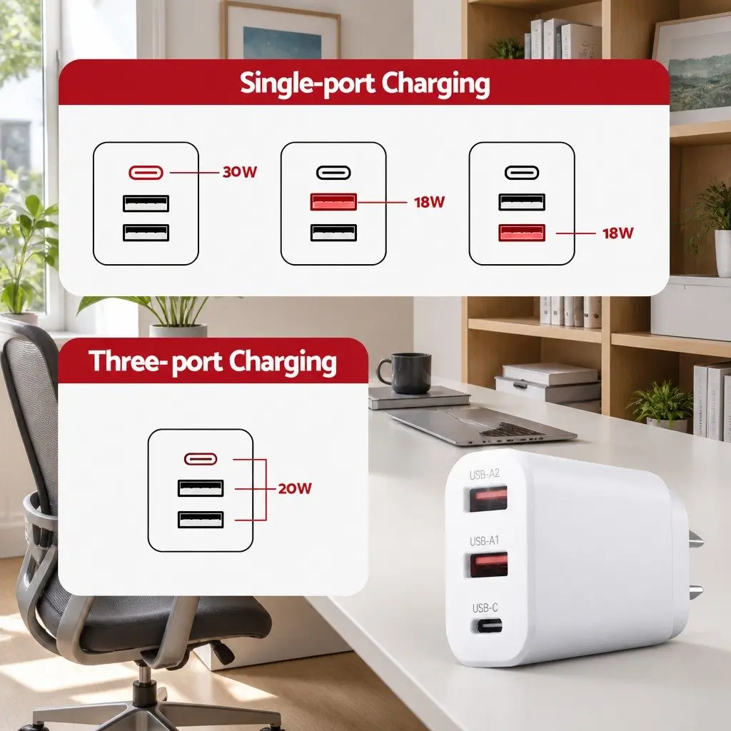 30W USB C Wall Charger 3 Port Fast Charging Adapter Compact Australian Plug White