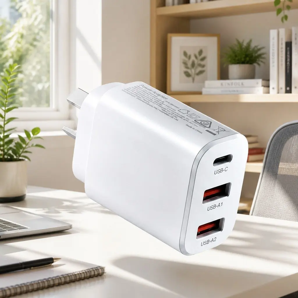 30W USB C Wall Charger 3 Port Fast Charging Adapter Compact Australian Plug White