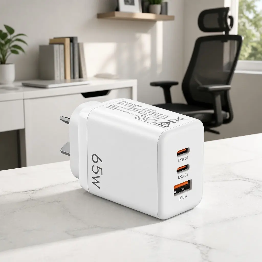 USB C Wall Charger 65W Fast Charging 3 Port PD Adapter Travel Power Block White
