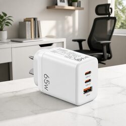 USB C Wall Charger 65W Fast Charging 3 Port PD Adapter Travel Power Block White