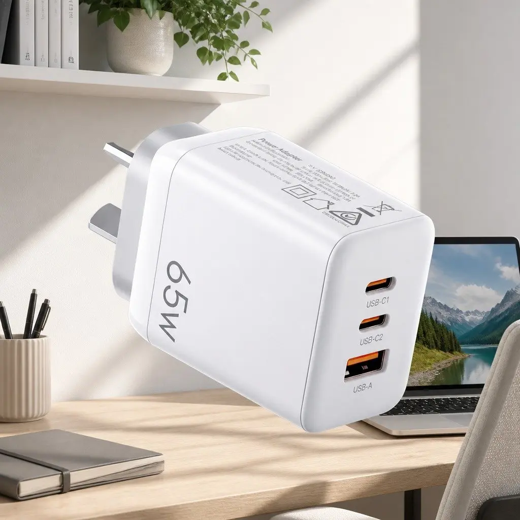 USB C Wall Charger 65W Fast Charging 3 Port PD Adapter Travel Power Block White