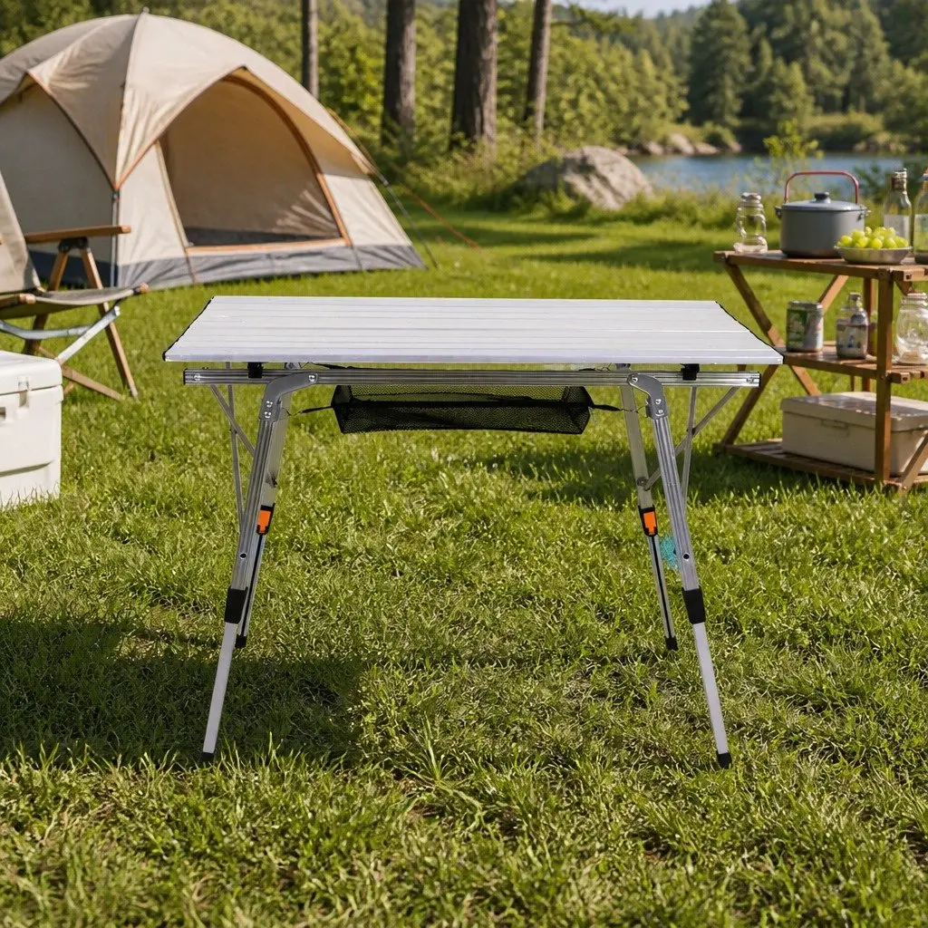 Folding Camping Table Portable Outdoor Picnic BBQ Silver 90cm x 53cm Adjustable Height