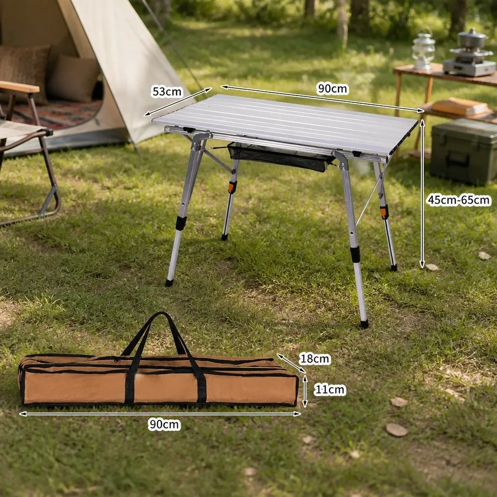 Folding Camping Table Portable Outdoor Picnic BBQ Silver 90cm x 53cm Adjustable Height