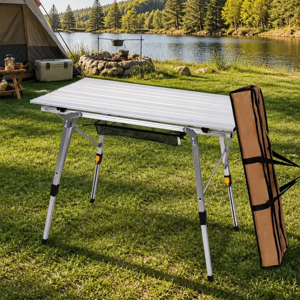 Folding Camping Table Portable Outdoor Picnic BBQ Silver 90cm x 53cm Adjustable Height