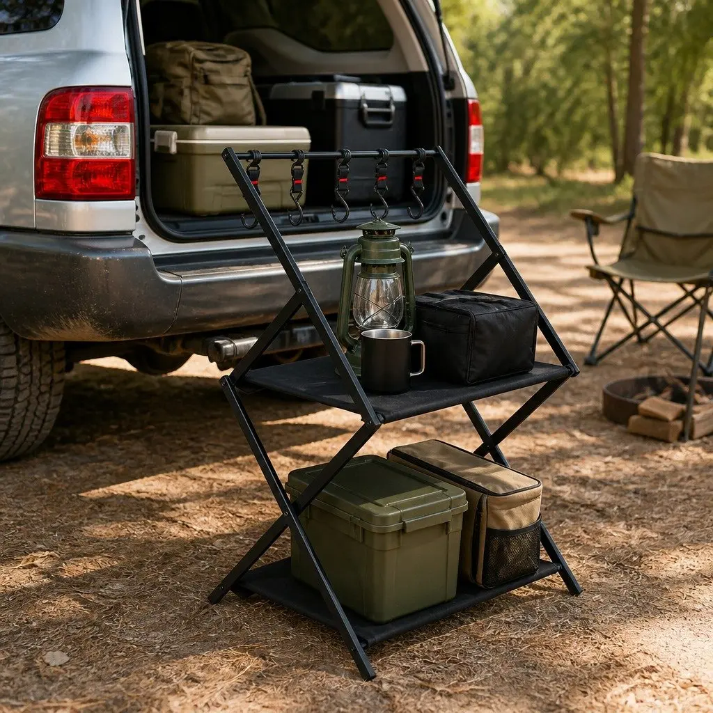 Foldable Camping Storage Shelves 2 Layer Portable Outdoor Kitchen Black