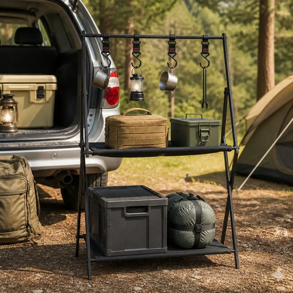 Foldable Camping Storage Shelves 2 Layer Portable Outdoor Kitchen Black
