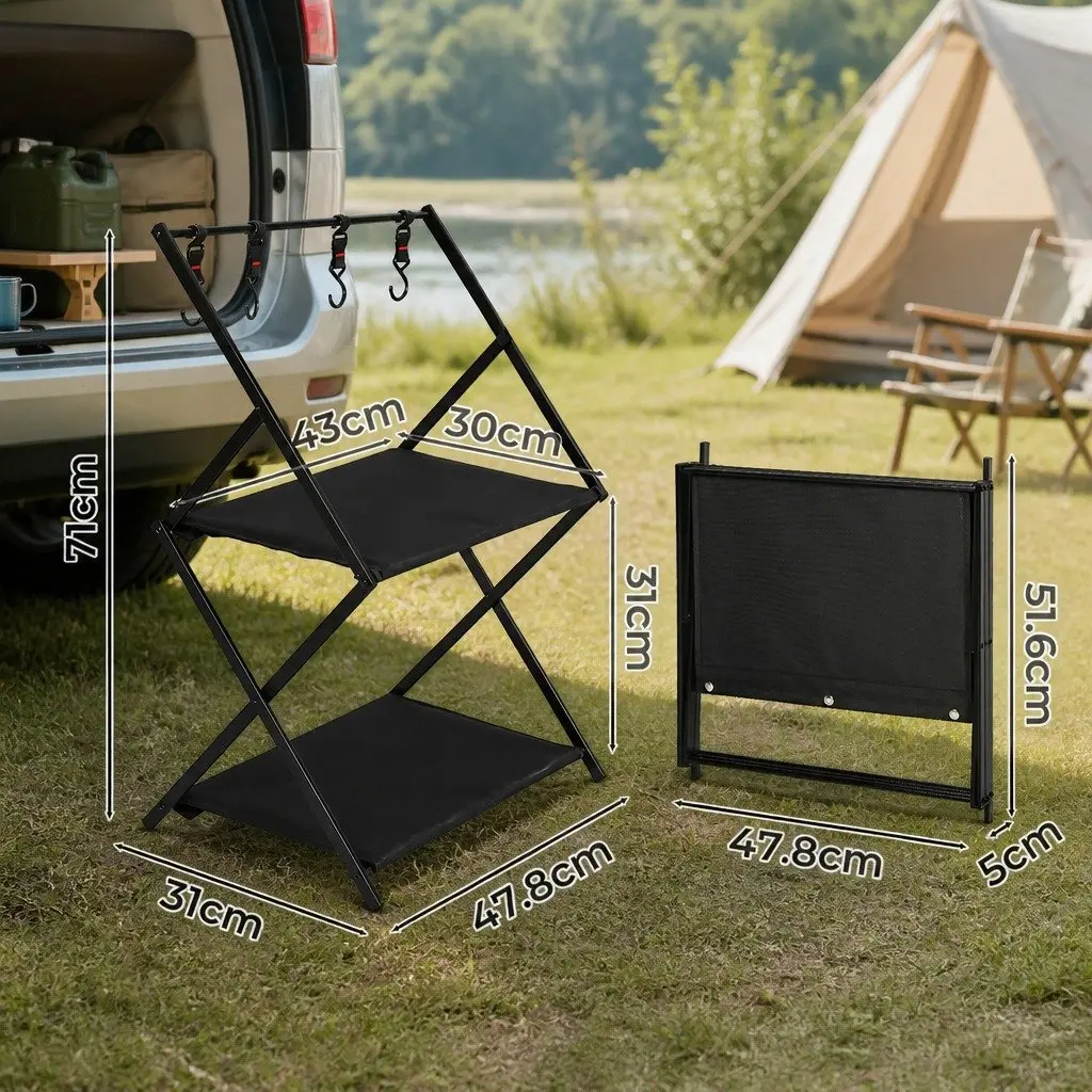 Foldable Camping Storage Shelves 2 Layer Portable Outdoor Kitchen Black