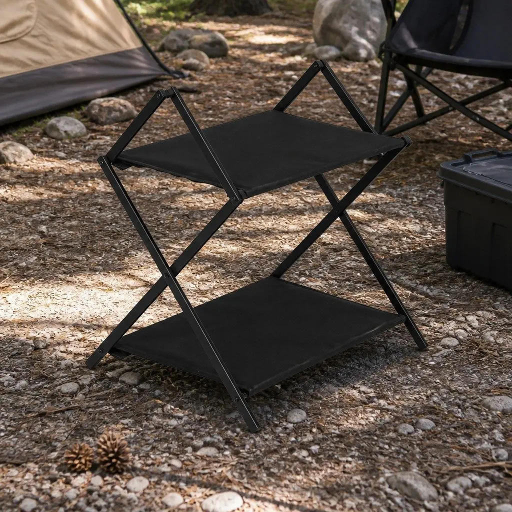 Foldable Camping Storage Shelves 2 Layer Portable Outdoor Kitchen Black