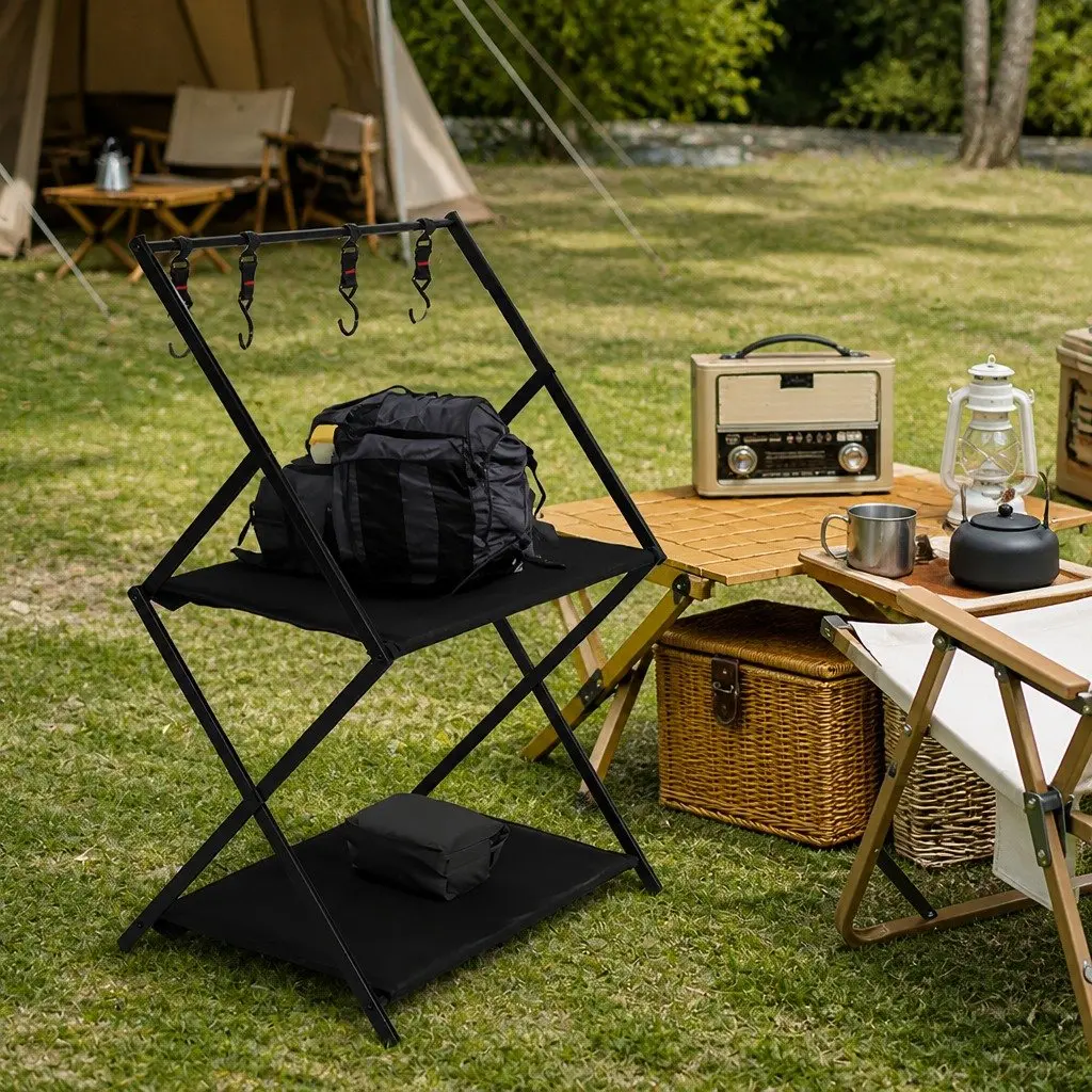 Foldable Camping Storage Shelves 2 Layer Portable Outdoor Kitchen Black