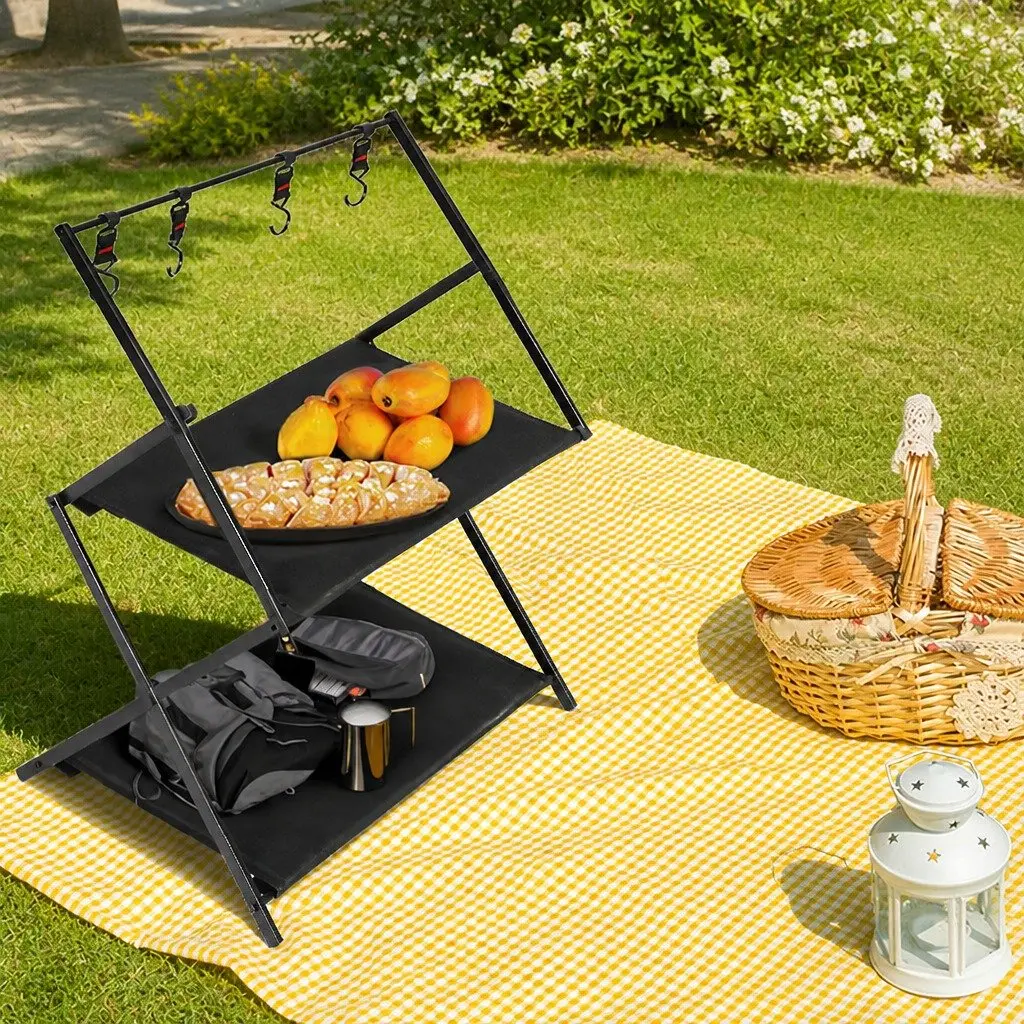 Foldable Camping Storage Shelves 2 Layer Portable Outdoor Kitchen Black