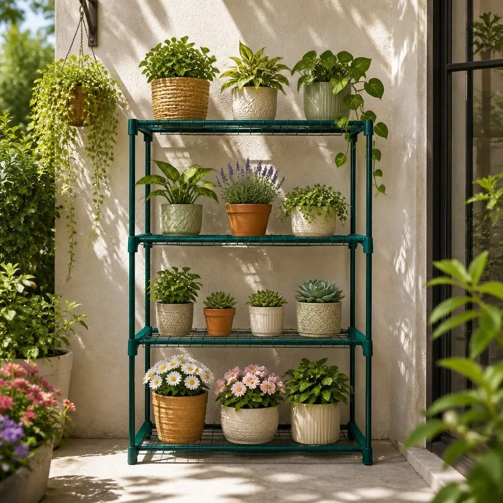 4 Tier Plant Stand Shelves Metal Storage Rack Indoor Outdoor Display Dark Green
