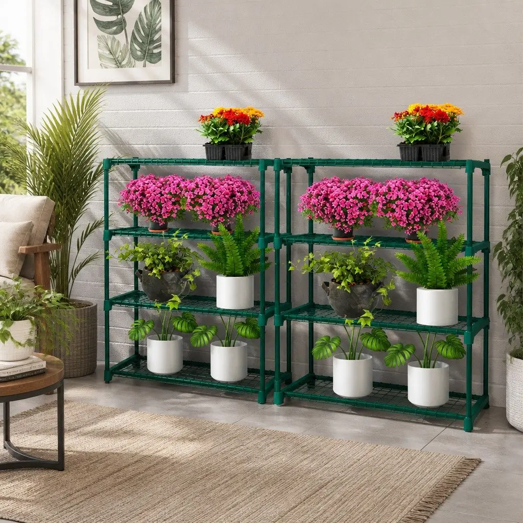 4 Tier Plant Stand Shelves Metal Storage Rack Indoor Outdoor Display Dark Green