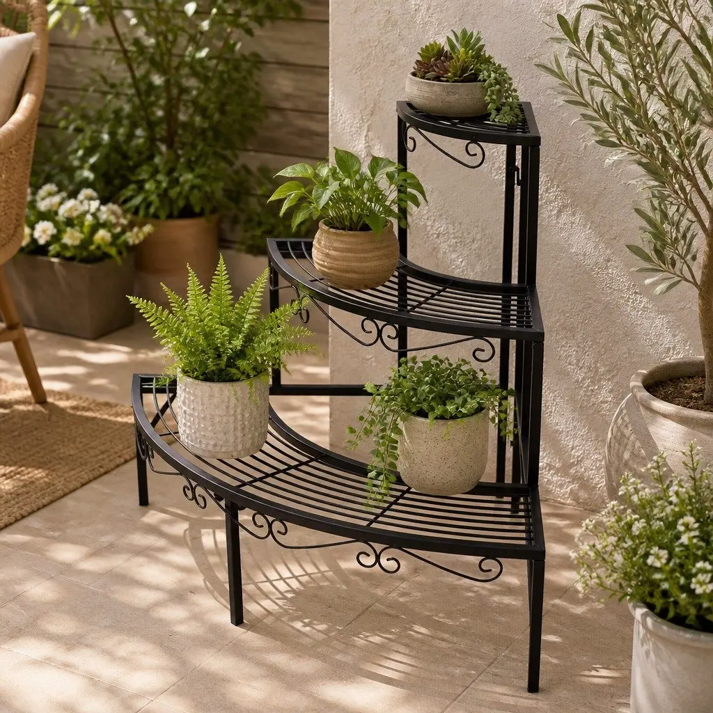 3-Tier Plant Stand Indoor Outdoor Metal Flower Pot Rack Shelf Black White