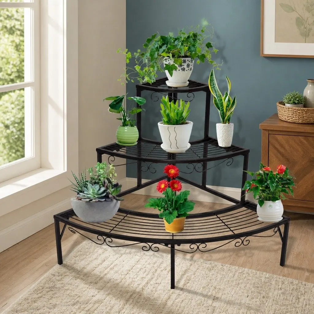 3-Tier Plant Stand Indoor Outdoor Metal Flower Pot Rack Shelf Black White