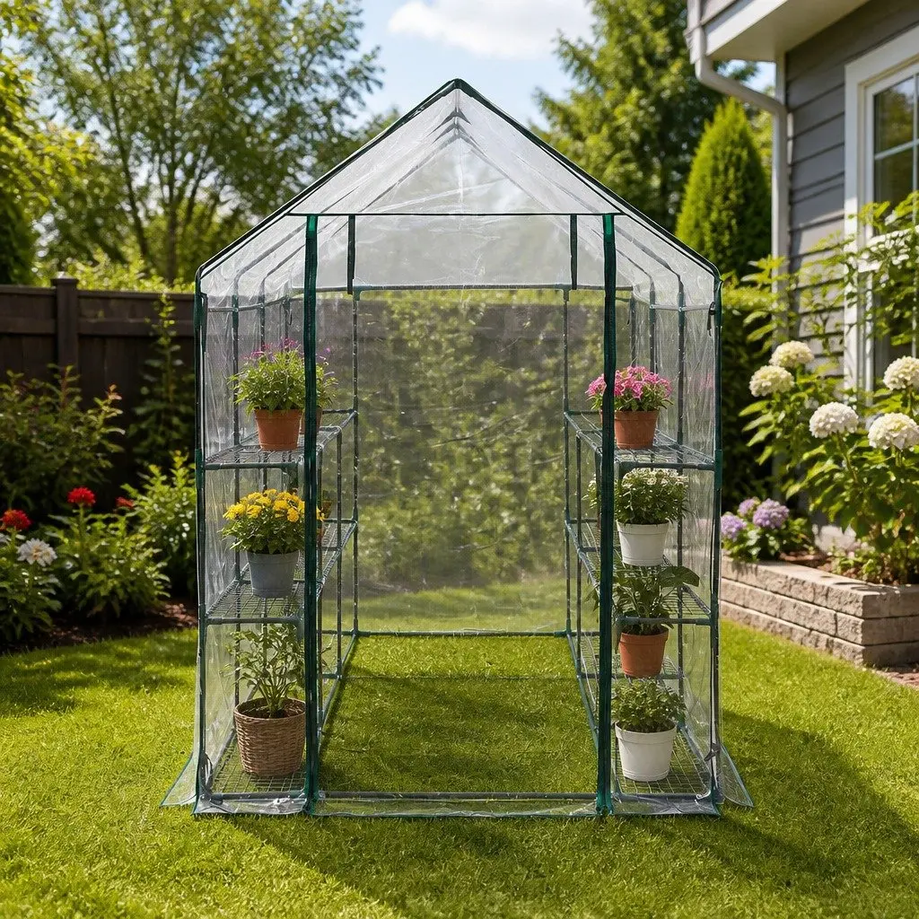 Walk In Greenhouse Plant Protection 3 Tier Shelves Portable Outdoor Transparent