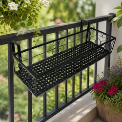 Rectangle Plant Stand Pot Holder Hook Rail Indoor Outdoor Home Garden Black
