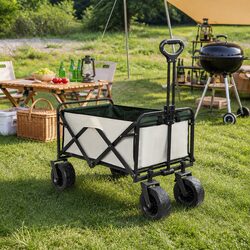 Collapsible Garden Trolley Wagon 150kg Capacity Foldable Camping Cart Beige