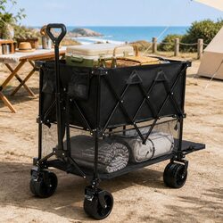 Folding Wagon Cart Double Shelves 400L Capacity All-Terrain Swivel Wheels