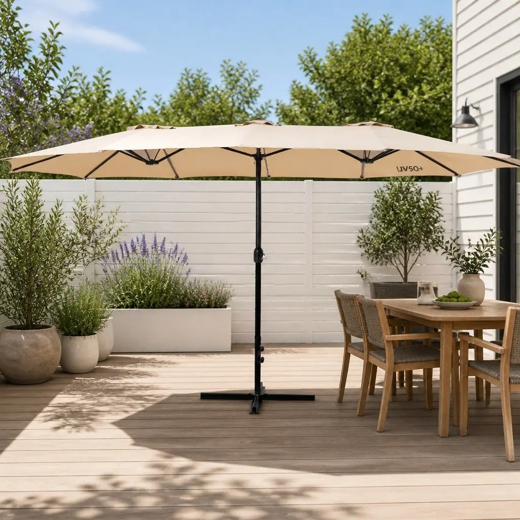 Outdoor Umbrella 4.57m Centre Post Sunshade Beige Garden Beach Tilt Canopy