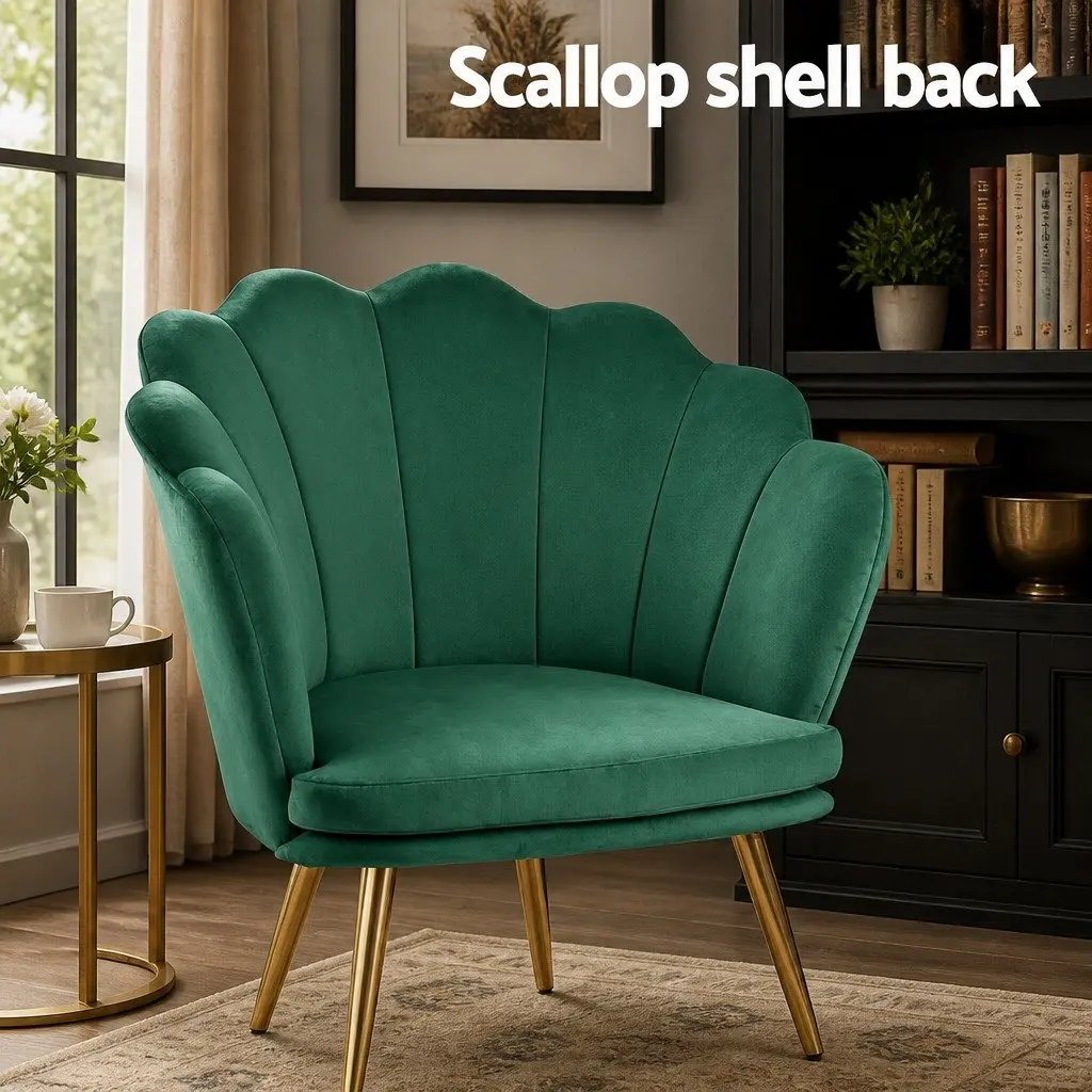 Green Velvet Armchair Shell Back Design Scallop Accent Chair Golden Legs Wood