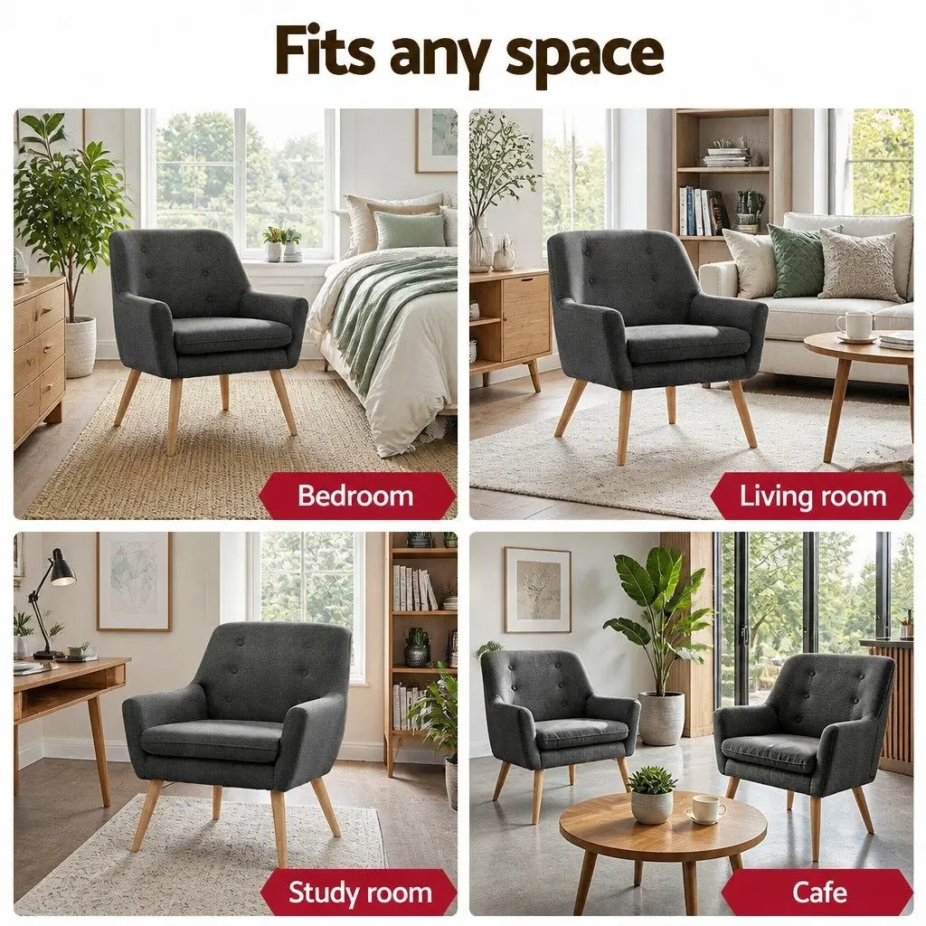 Armchair Lounge Chair Accent Tub Chair Charcoal Faux Linen Fabric 64cm W x 68cm D x 80cm H