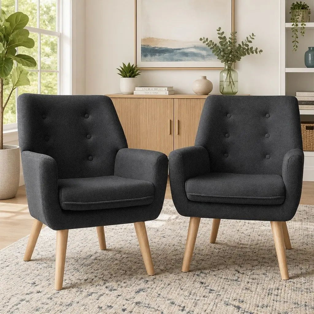 Armchair Lounge Chair Accent Tub Chair Charcoal Faux Linen Fabric 64cm W x 68cm D x 80cm H