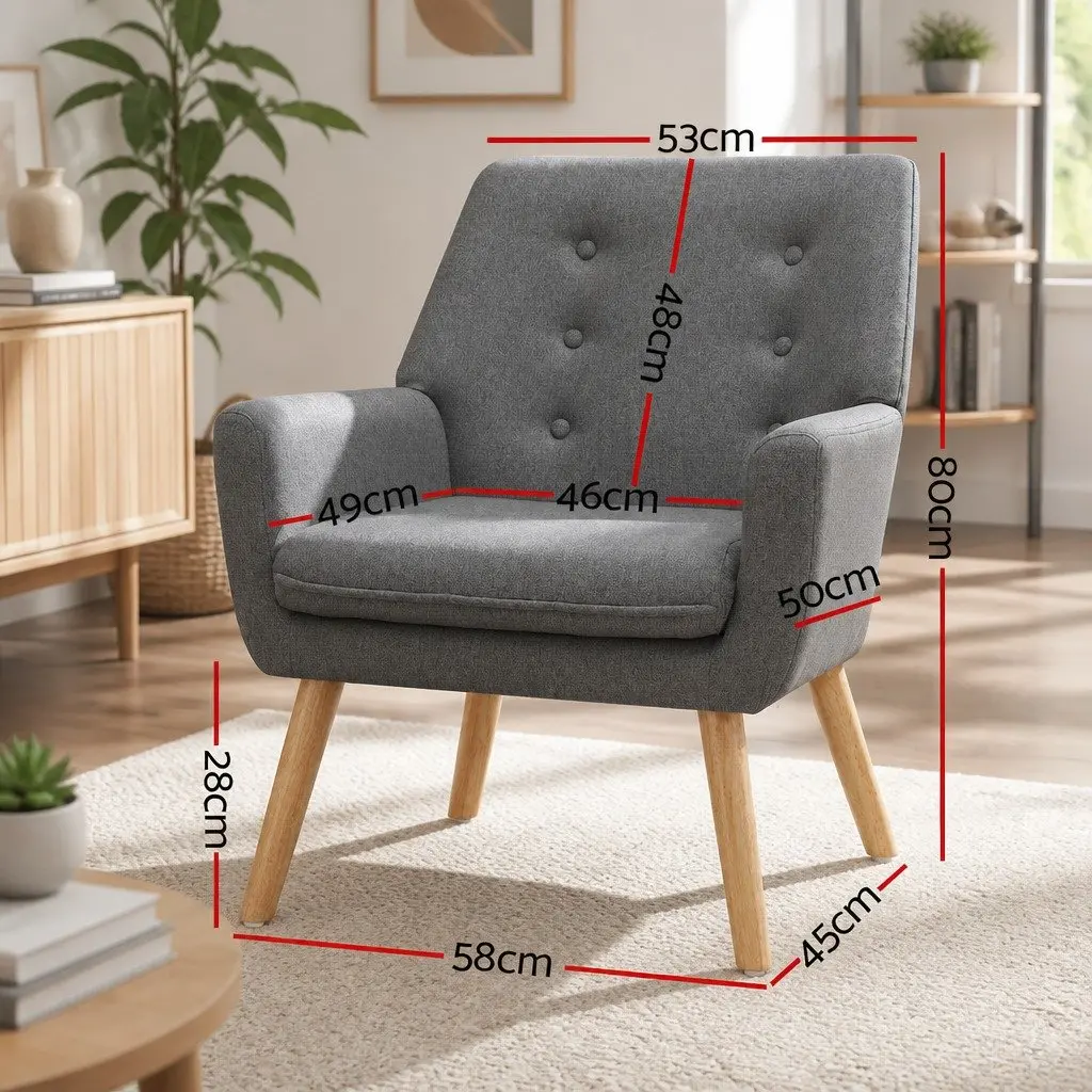 Armchair Full Size Grey Linen Fabric Upholstered Tufted Button Lounge Chair