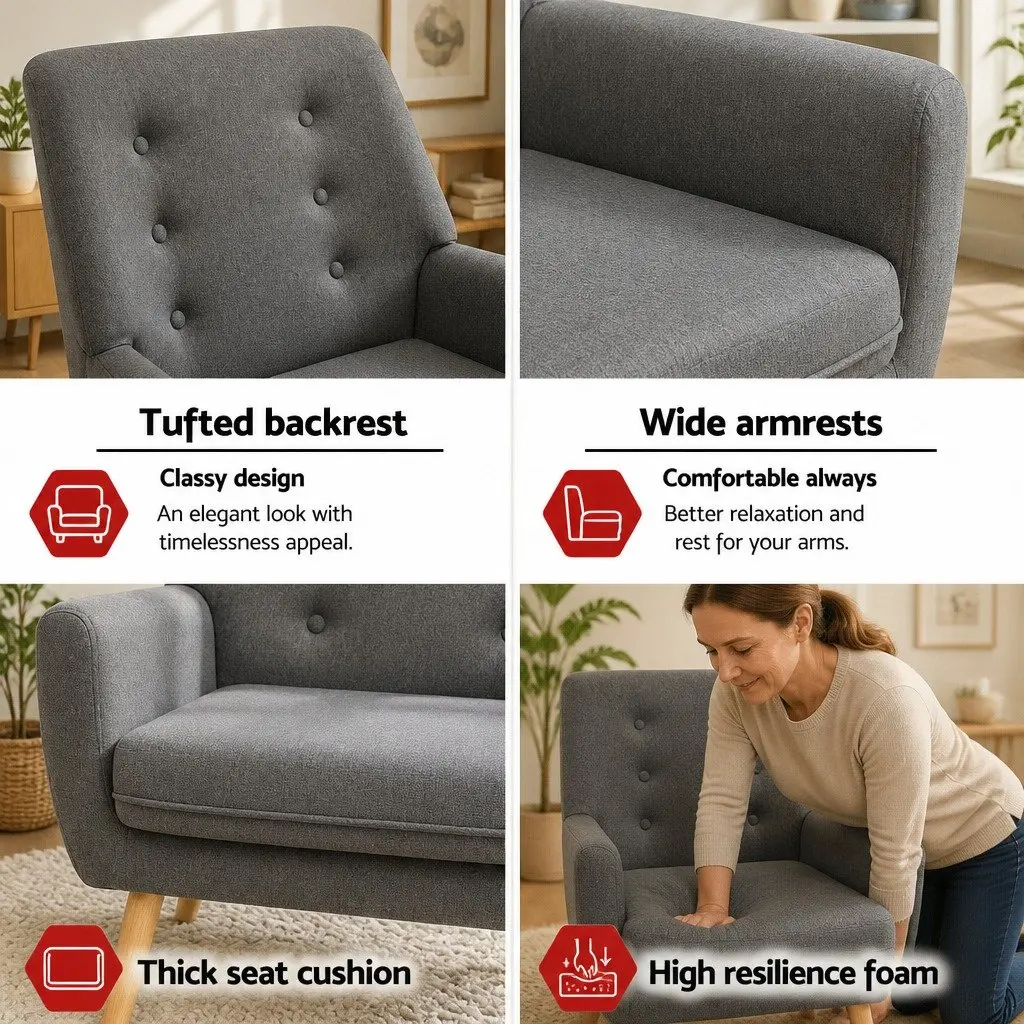 Armchair Full Size Grey Linen Fabric Upholstered Tufted Button Lounge Chair