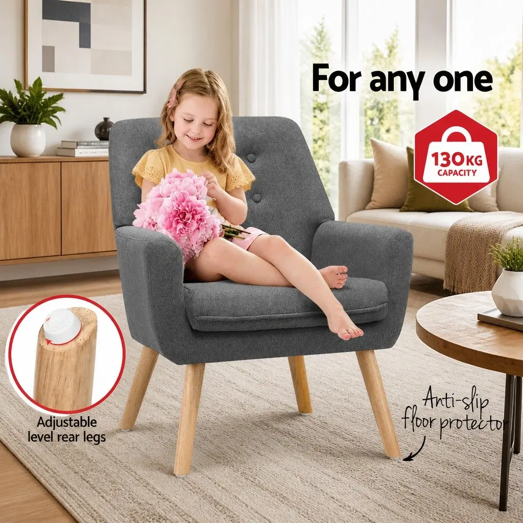 Armchair Full Size Grey Linen Fabric Upholstered Tufted Button Lounge Chair