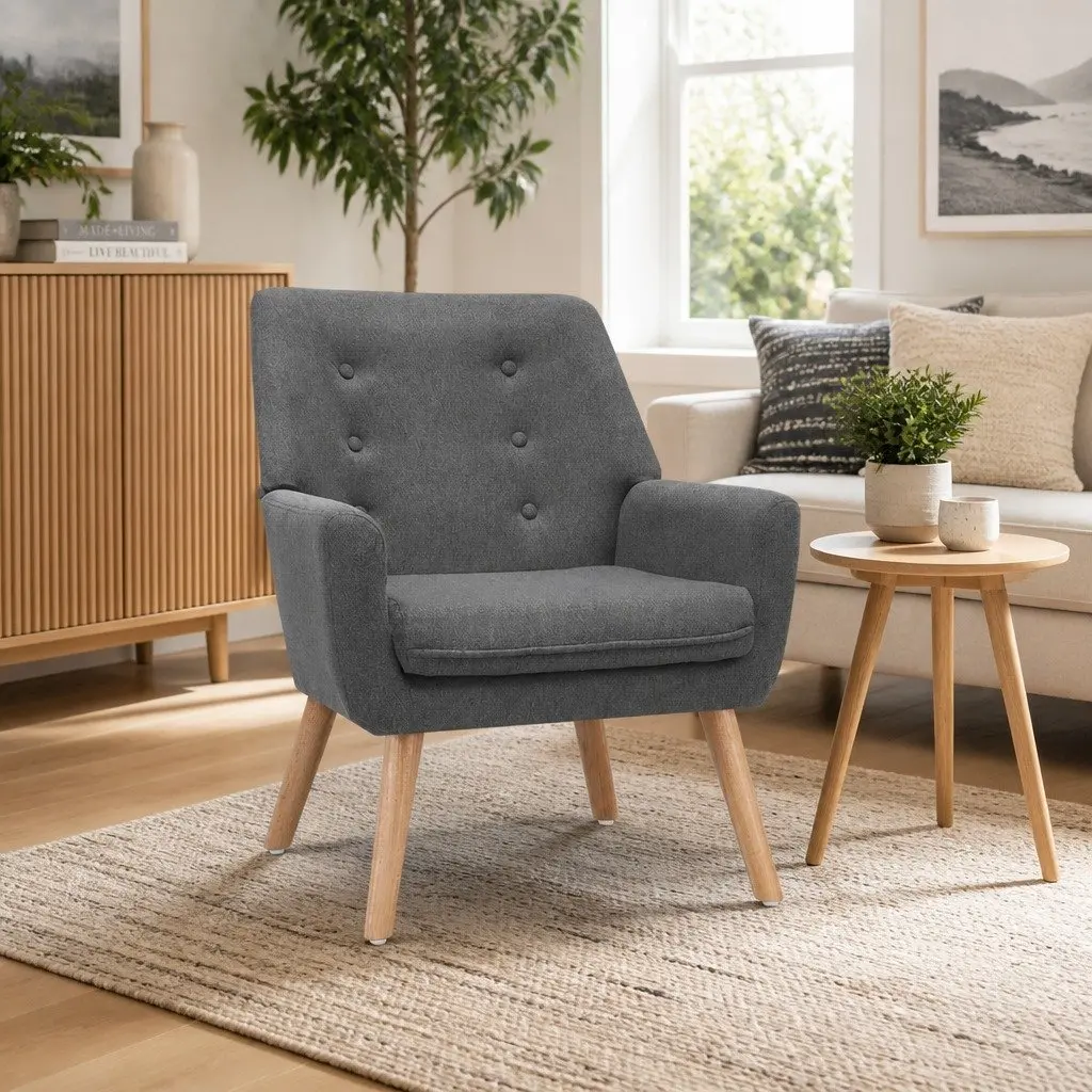 Armchair Full Size Grey Linen Fabric Upholstered Tufted Button Lounge Chair