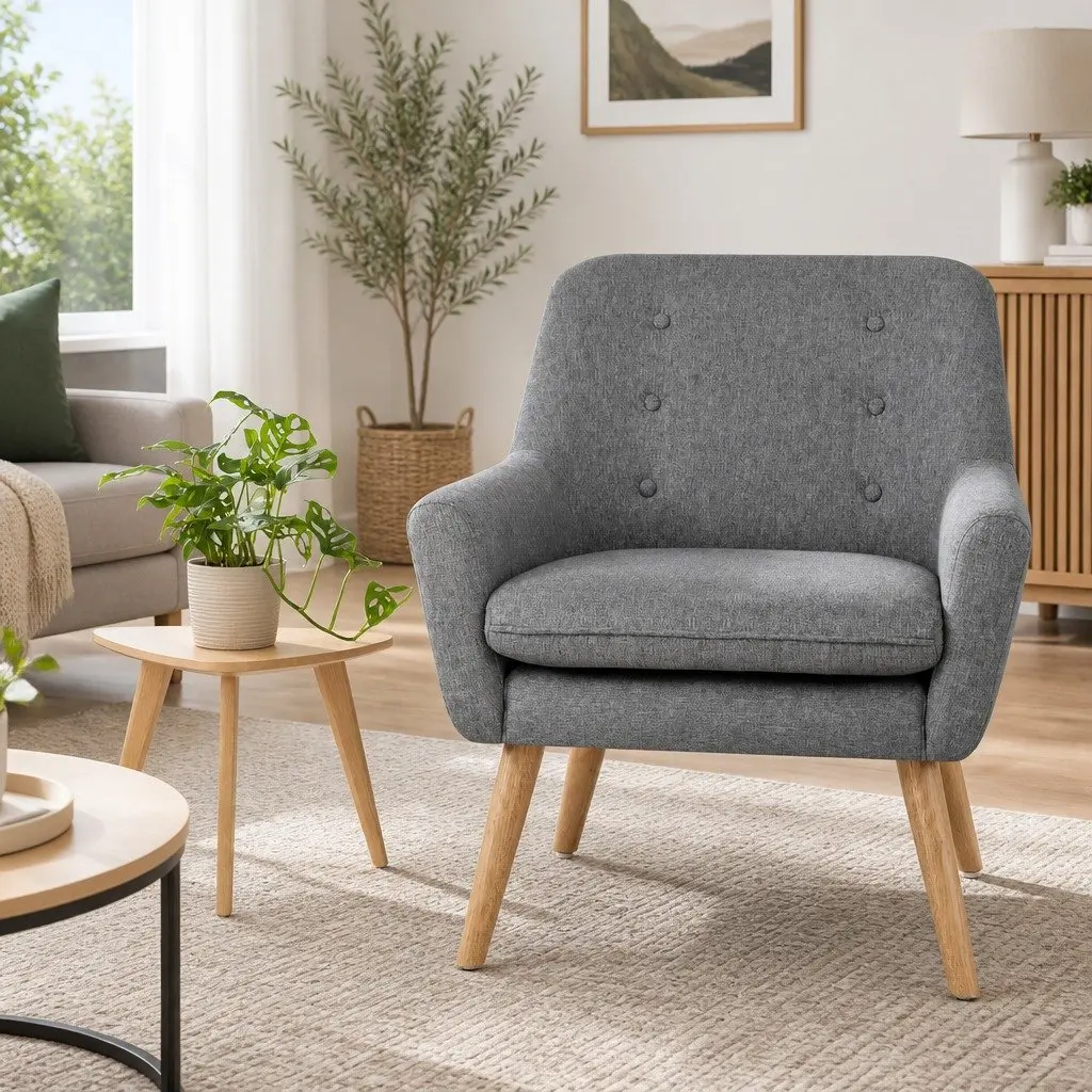 Armchair Full Size Grey Linen Fabric Upholstered Tufted Button Lounge Chair