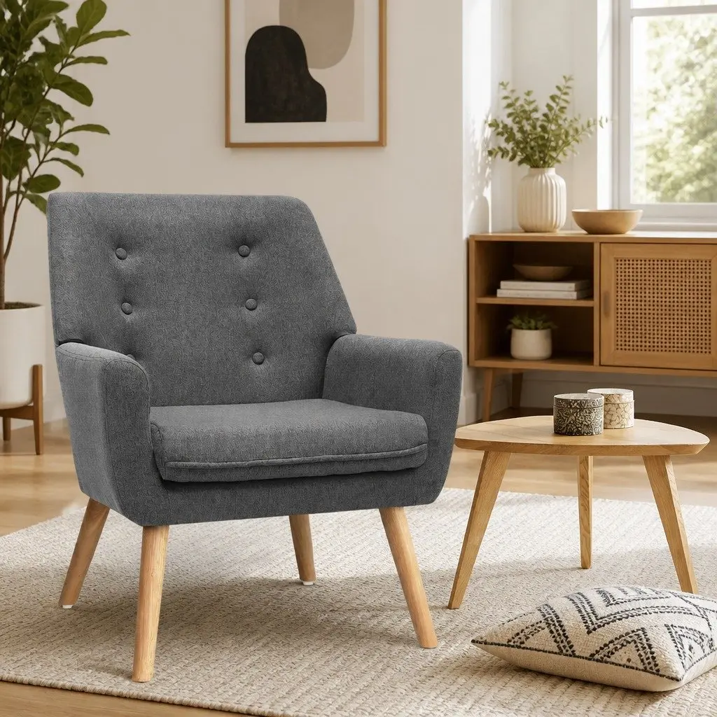 Armchair Full Size Grey Linen Fabric Upholstered Tufted Button Lounge Chair