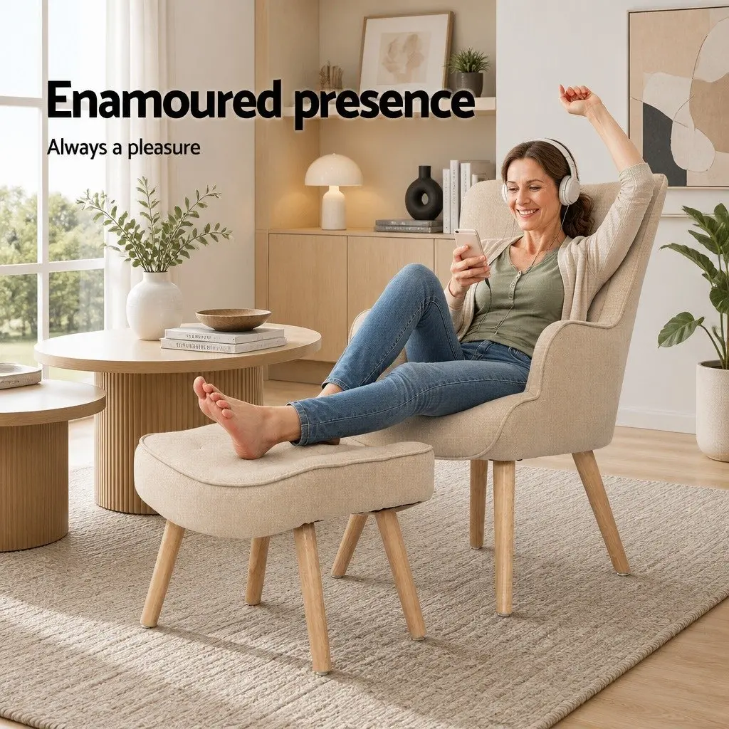 Armchair Set with Ottoman Beige Tufted Design Scandinavian Style Lounge Seating