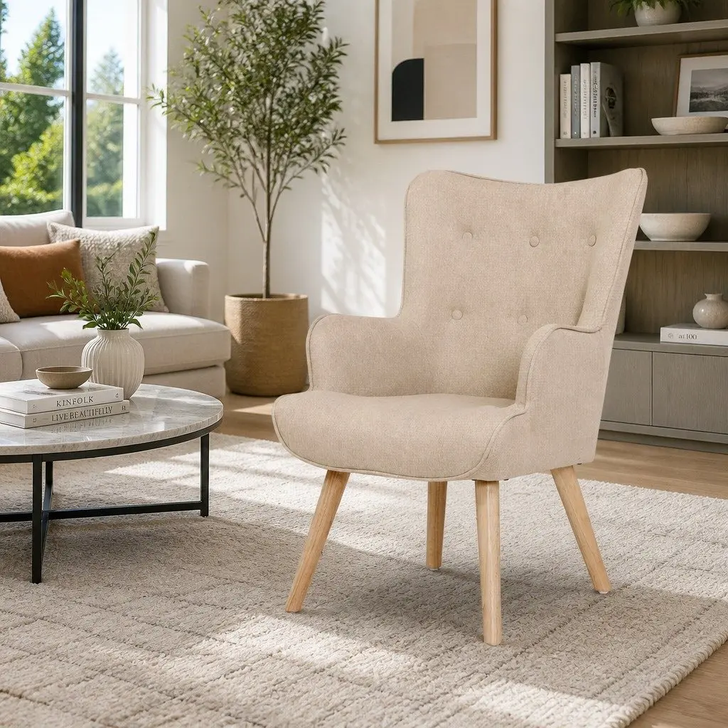 Armchair Set with Ottoman Beige Tufted Design Scandinavian Style Lounge Seating