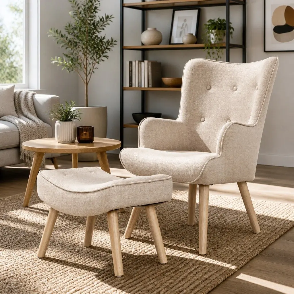 Armchair Set with Ottoman Beige Tufted Design Scandinavian Style Lounge Seating