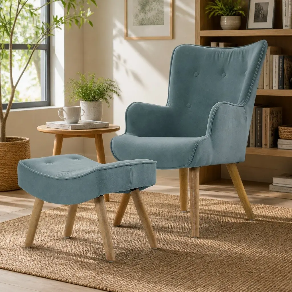 Armchair Set Ottoman Blue Velvet Upholstered Lounge Scandinavian Style