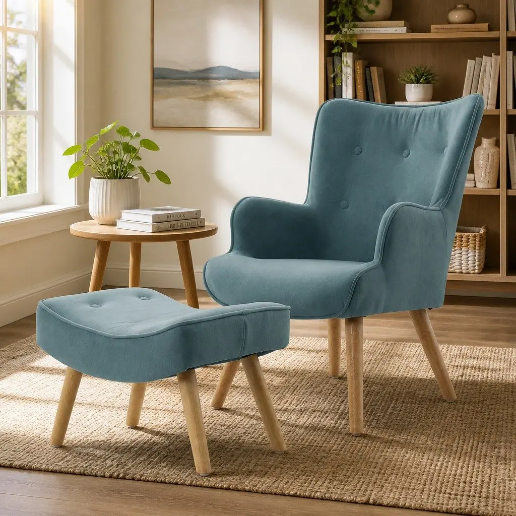 Armchair Set Ottoman Blue Velvet Upholstered Lounge Scandinavian Style