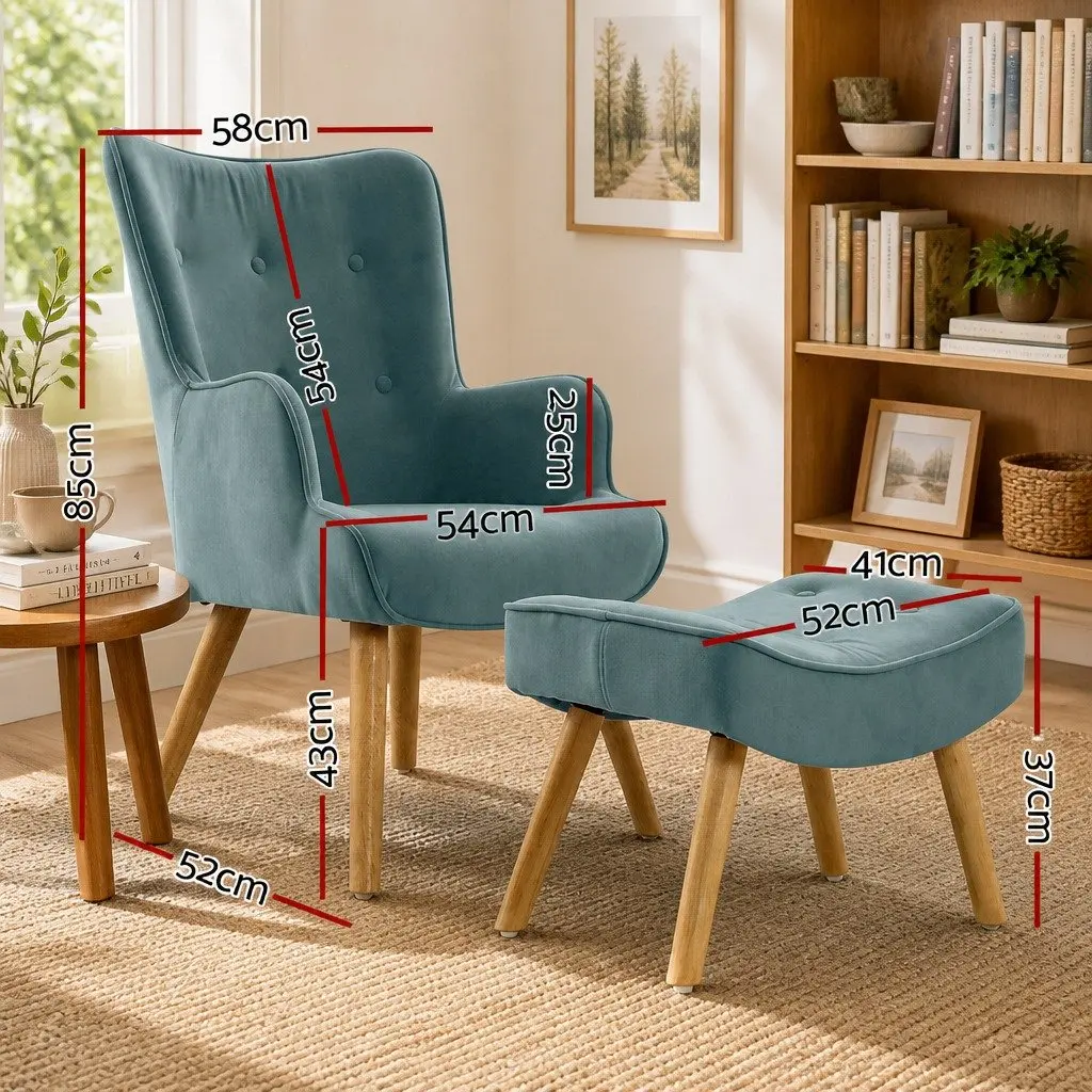 Armchair Set Ottoman Blue Velvet Upholstered Lounge Scandinavian Style
