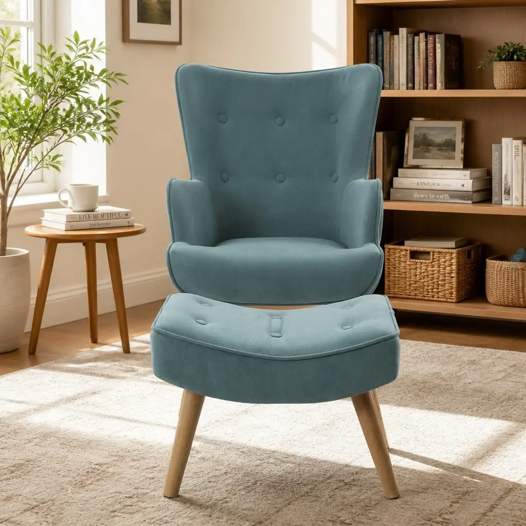 Armchair Set Ottoman Blue Velvet Upholstered Lounge Scandinavian Style