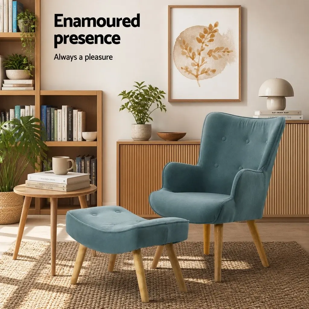 Armchair Set Ottoman Blue Velvet Upholstered Lounge Scandinavian Style
