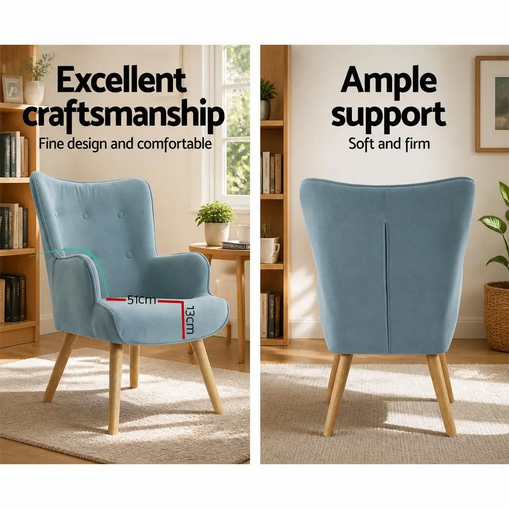 Armchair Set Ottoman Blue Velvet Upholstered Lounge Scandinavian Style