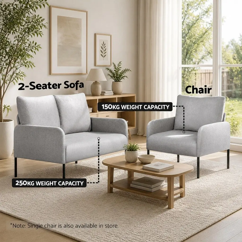 Linen Grey Armchair Sofa 2 Seater Cushioned Lounge Chair
