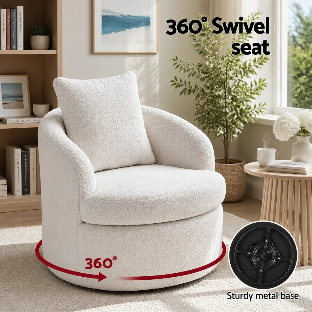 Round Swivel Armchair White Sherpa Fleece 360 Degree Rotating Living Room Chair
