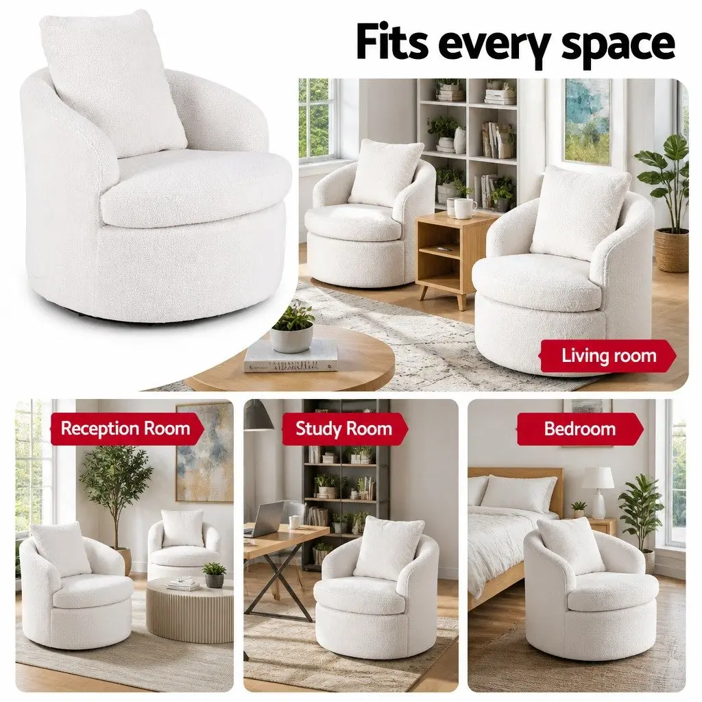 Round Swivel Armchair White Sherpa Fleece 360 Degree Rotating Living Room Chair