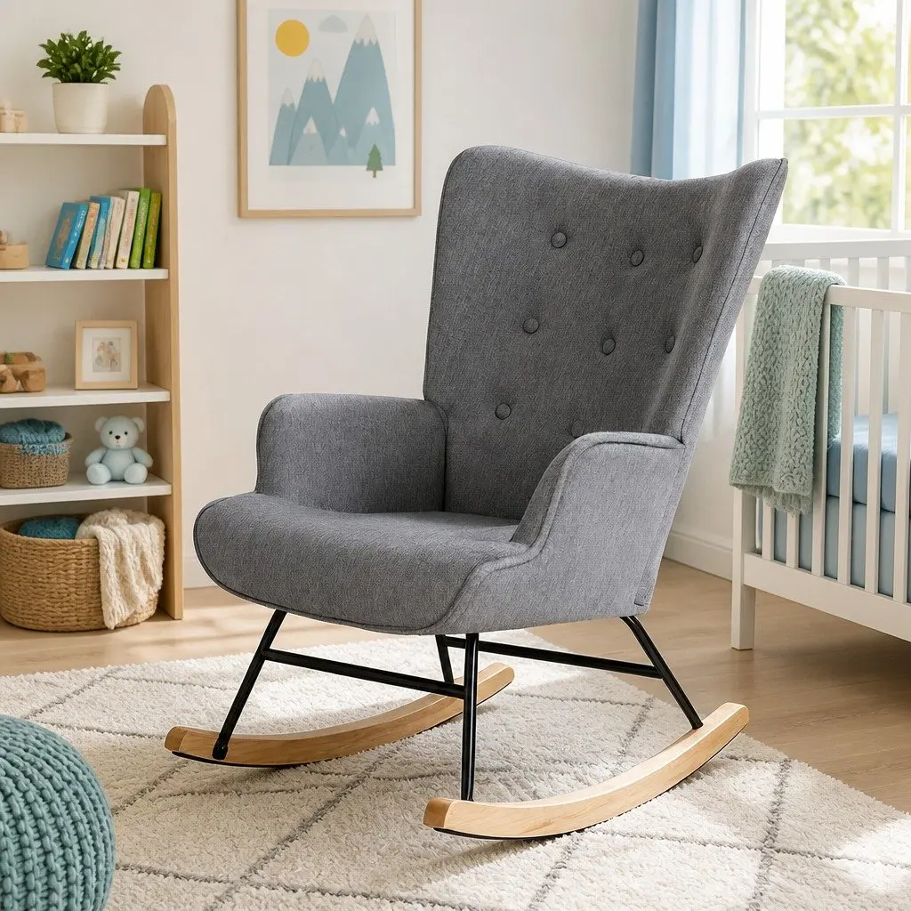 Armchair Nursing Chair Linen Fabric Grey Lounge Seat Metal Frame