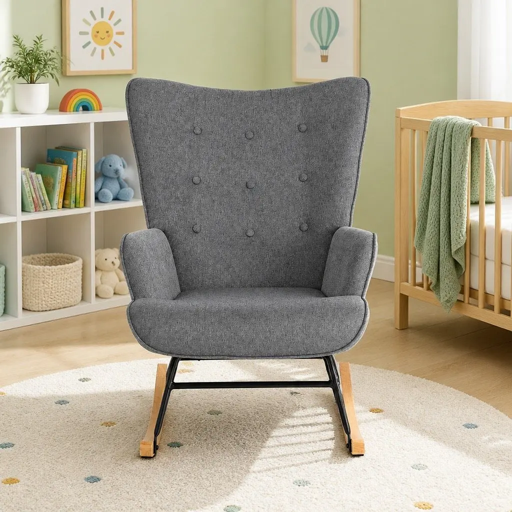 Armchair Nursing Chair Linen Fabric Grey Lounge Seat Metal Frame