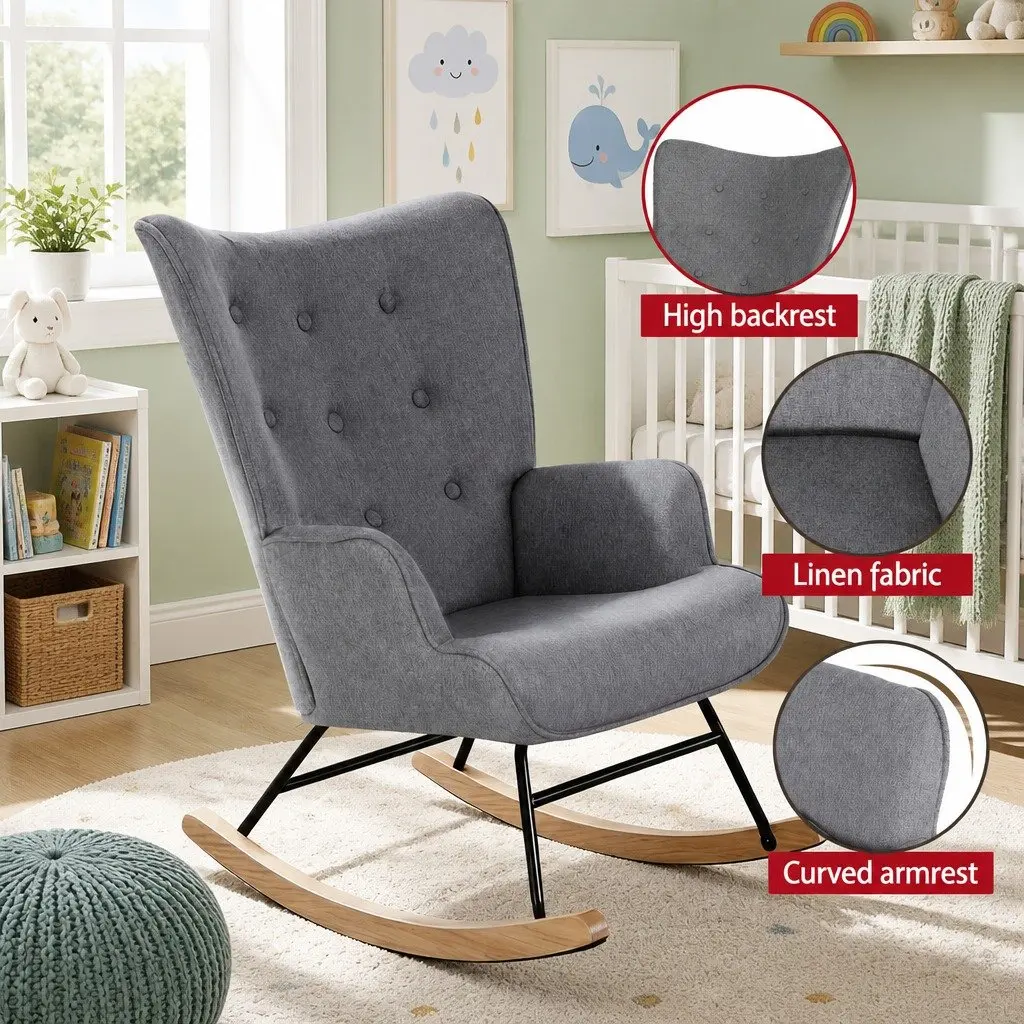 Armchair Nursing Chair Linen Fabric Grey Lounge Seat Metal Frame