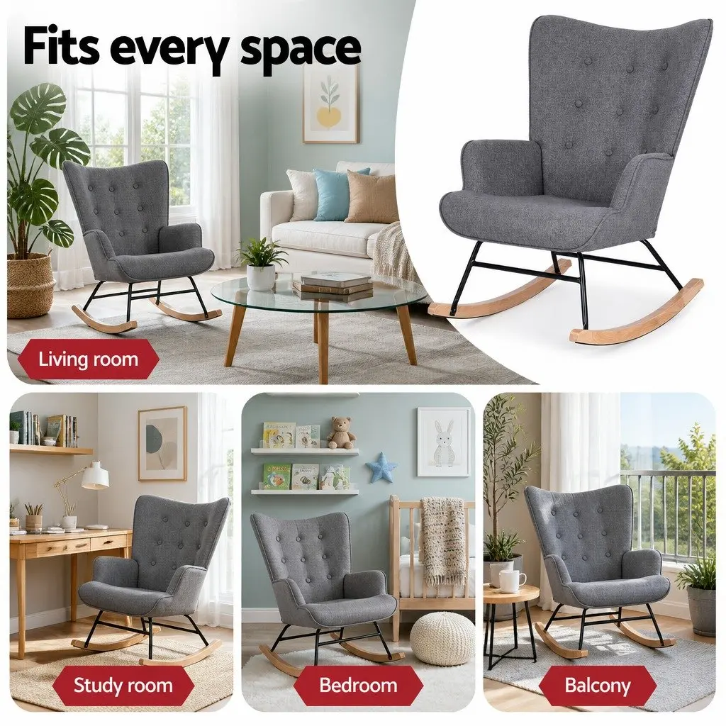 Armchair Nursing Chair Linen Fabric Grey Lounge Seat Metal Frame
